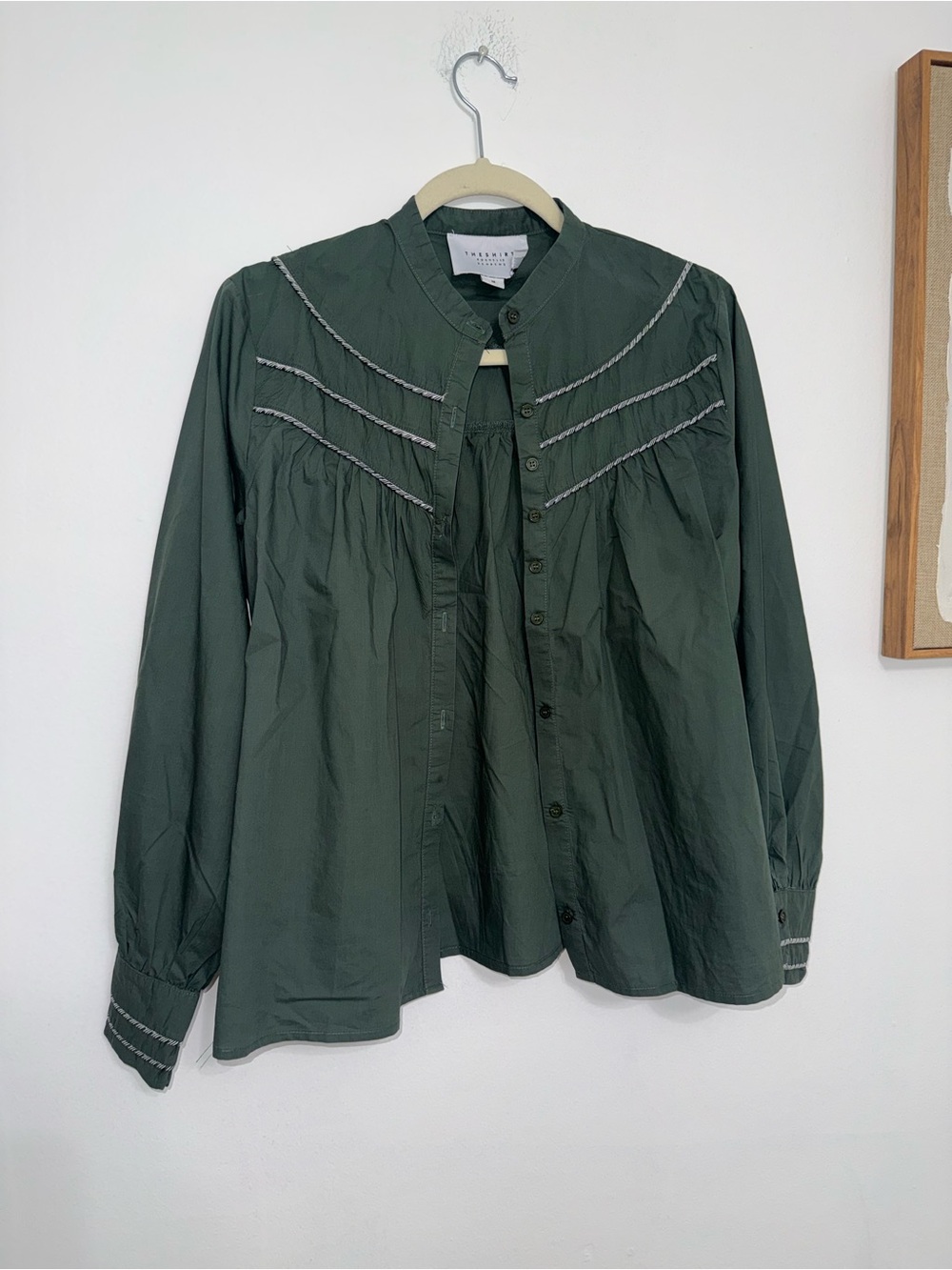 The Shirt by Rochelle Behrens Sage Green Button-Up Top with Contrast Stitching
